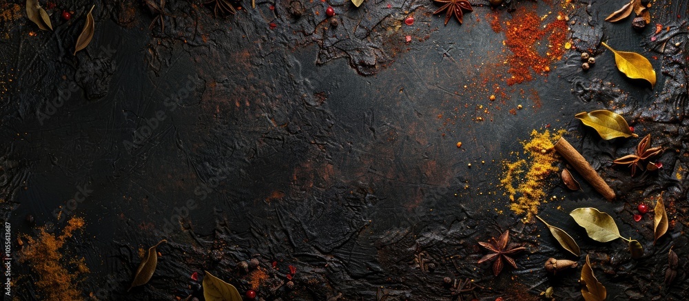 Poster indian spices creating a frame on a dark textured background with copy space image