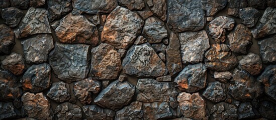 Fototapeta premium Stone wall with a rocky texture creating a grungy backdrop in shades of brown and gray ideal for a copy space image