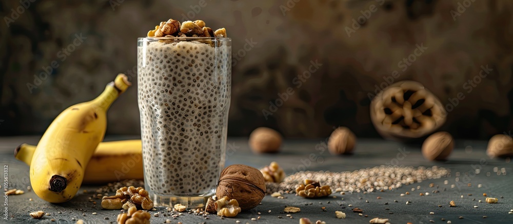 Poster a web banner featuring a glass of delicious breakfast chia seeds with banana and walnuts on a table 