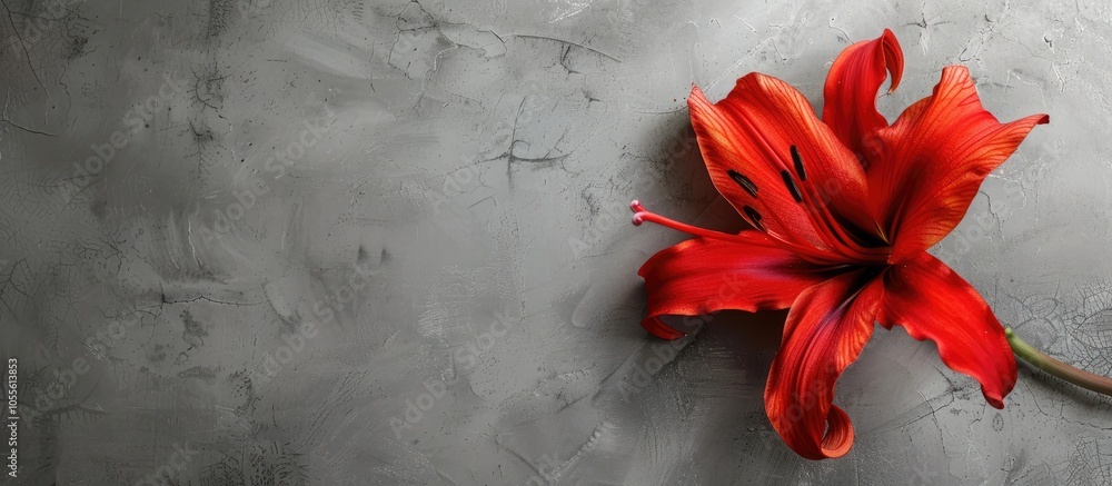 Poster a stunning red lily is showcased on a gray background in this postcard design with copy space image