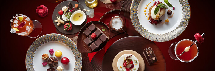 Gourmet chocolate and red dessert on elegant plates  a luxurious high tea experience   
