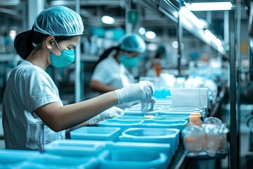 workers work in plastic household product making factory. plastic product making process in factory. Generative ai
