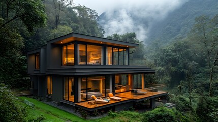 Elegant two-storey black steel house with spacious relaxation balcony glass walls and minimalist design