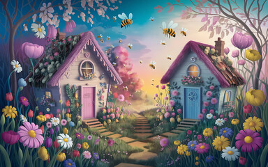 Whimsical fairytale cottages with pink and blue doors surrounded by vibrant flowers and buzzing bees  a magical spring scene   