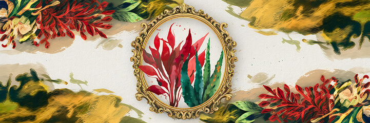 Red and green floral watercolor painting in a gold frame with a vintage style perfect for home decor and a romantic mood   
