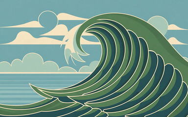 Green and blue vintage stylized wave crashing on the ocean  summer vacation   