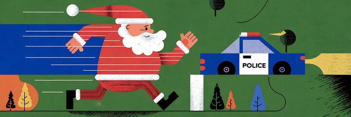 Red and blue Christmas Santa Claus running from police car  holiday fun concept   