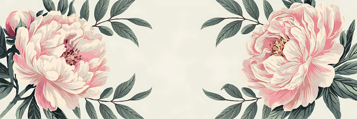Pink Peonies and Green Leaves on a White Background  Elegant Floral Design for Wedding Invitations and Romantic Projects   