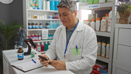 Male pharmacist with a white coat and lanyard using a phone in a well-stocked pharmacy with shelves...