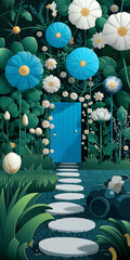 Blue and white flowers  a blue door  and a stone path leading to a magical garden 