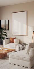 White couch  brown frame  minimalist living room  modern interior design   