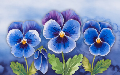 Watercolor blue and purple pansies on a blue background  spring floral design   
