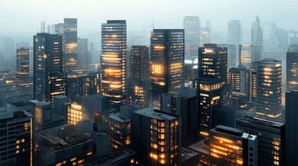 Obraz premium Illuminated skyscrapers in a dense urban cityscape at dusk, with glowing windows creating a warm contrast against the cool, foggy atmosphere and modern architectural design.