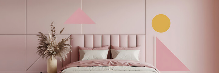 Pink and yellow geometric shapes on a bedroom wall with a bed and a plant  Minimalist interior design   