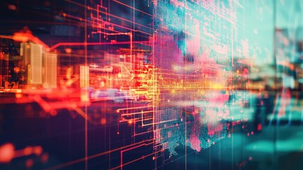 transportation business logistics center (close up, focus on, copy space) colorful maps and monitors, double exposure silhouette with transportation network
