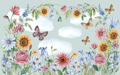 Watercolor floral border with pink and yellow flowers  butterflies  and clouds  perfect for spring and summer designs   