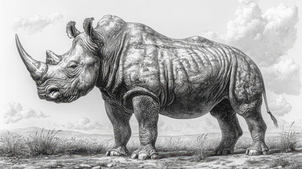 Stylized rhinoceros in detailed engraving design on landscape scene