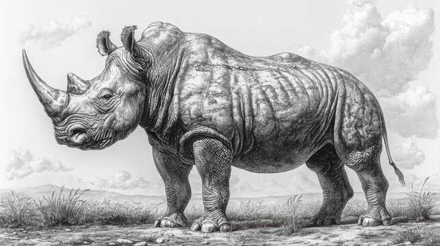Stylized rhinoceros in detailed engraving design on landscape scene