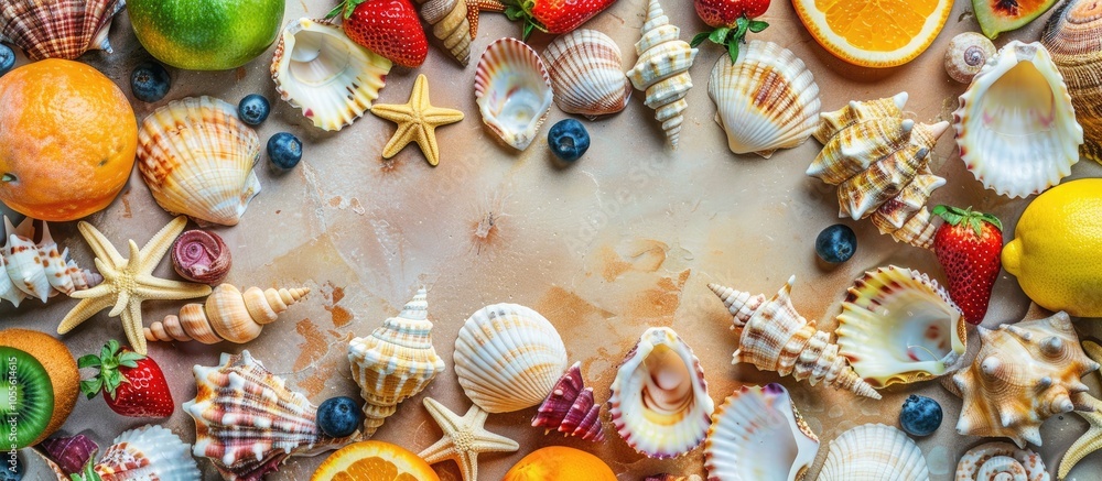 Poster top view of a variety of seashells by vibrant fruits and trendy summer items on a table background c