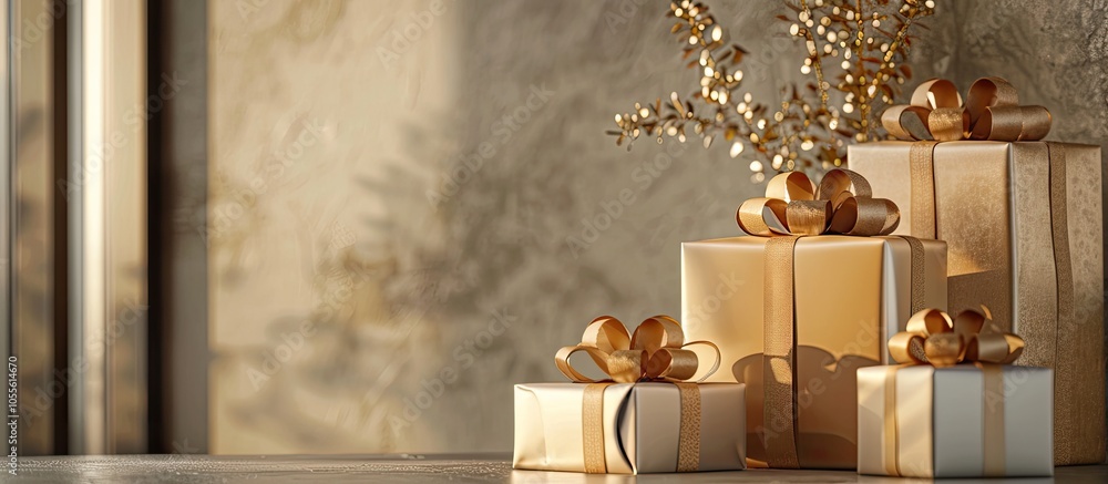 Poster a creative composition featuring a gift wrapping idea set against a backdrop with copy space image