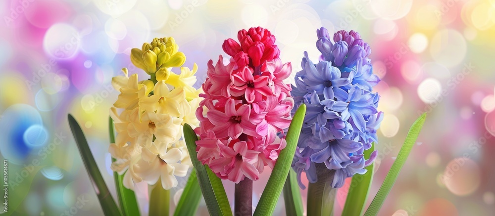 Poster a trio of colorful hyacinths arranged as a spring time bouquet set against a blurred background idea