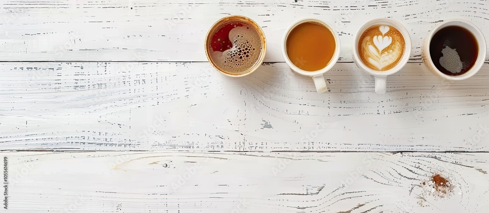 Poster various types of coffee beverages presented in cups on a white wooden surface in a flat lay arrangem
