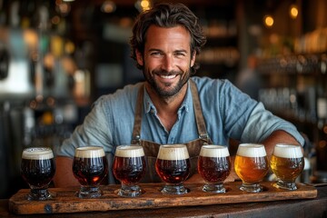 A skilled brewer in a work apron proudly presents a lineup of diverse craft beers arranged on a wooden board. Each glass features distinct colors and textures, highlighting the artistry of brewing in 