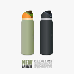 Insulated stainless steel water bottle with push button lid, suitable for travel and sports