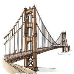 Fototapeta premium A cartoon Golden Gate Bridge with suspension cables on a white background.