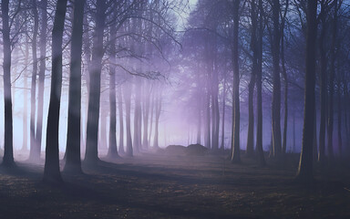 Enchanted Forest with Purple Mist and Black Trees - Mystical and Eerie Atmosphere - Perfect for Fantasy and Halloween Designs   