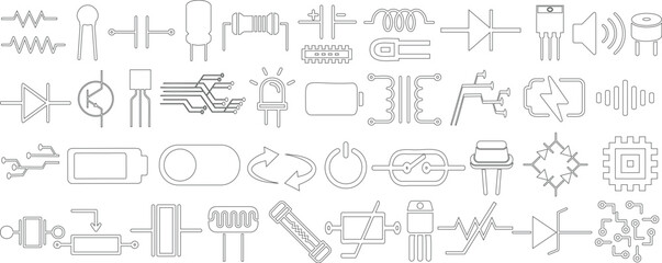 Electronic circuit symbols set, including diode, resistor, capacitor, battery, transistor, switch for technical designs, electrical diagrams, and engineering schematics. electronic vector icon