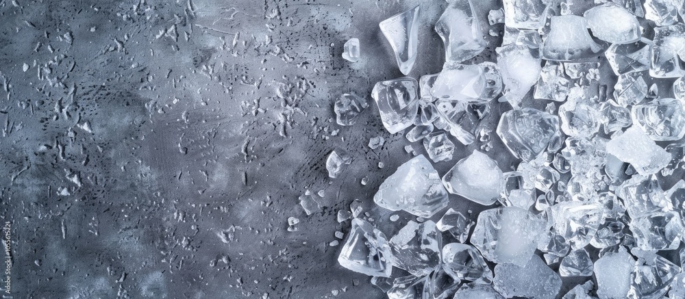 Poster top view of crushed ice on a grey background with available copy space for text in the image
