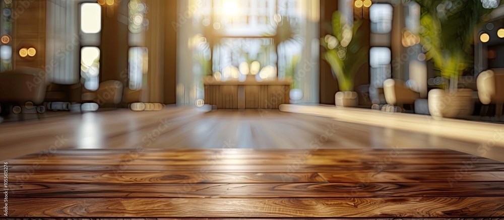 Poster a wooden table top in a modern hotel lobby with a blurry background serving as a perfect location fo