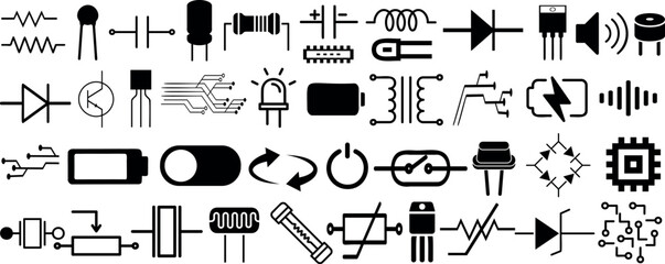 Electrical component symbols vector pack shows resistor, capacitor, transistor, diode, batterie, switch for circuit diagram designs, engineering visuals, electronics education, technical illustration