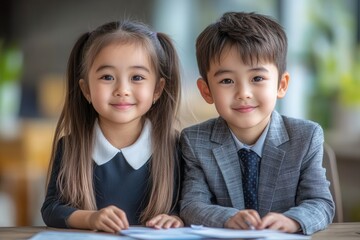 A 3 year old girl with long hair in pigtails and a black dress sits beside a boy in a gray suit. They lean forward excitedly, pretending to negotiate with toy documents spread across the table, showca