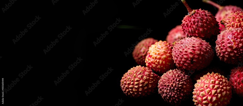 Poster fresh lychees with their skins removed displayed on a black background with copy space image