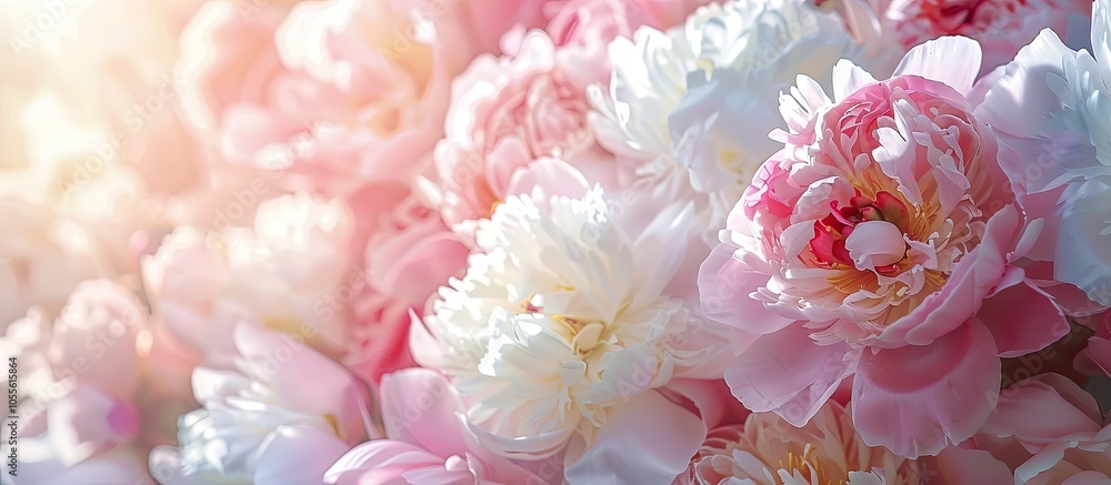 Poster peonies in pink and white hues displayed on a bright background providing room for text or images. c