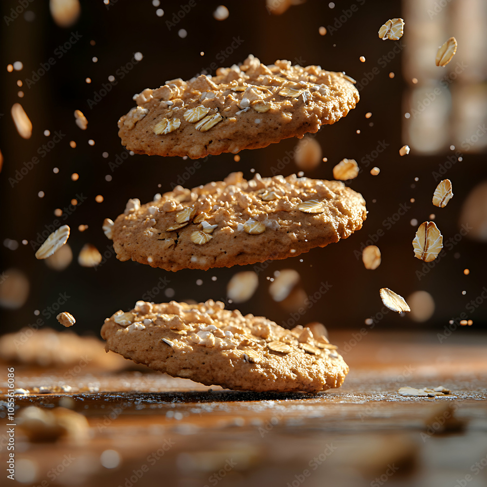 Poster cookies in mid-air with crispy oats and a lightly browned finish, captured in a dynamic floating sce