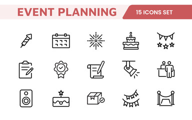 Event Planning Icon Set. Stylish and functional icons for organizers, perfect for scheduling, venue management, and event promotion, ideal for apps, websites, and marketing materials.