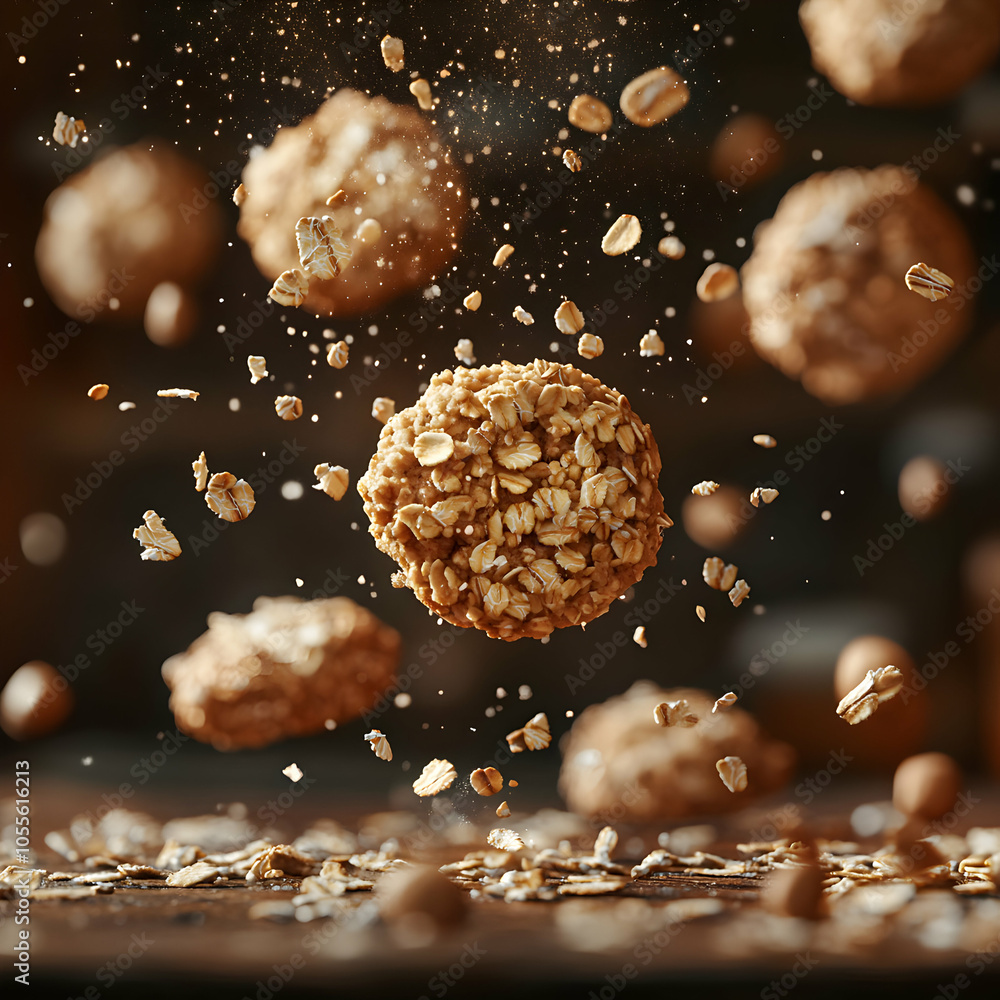 Poster cookies in mid-air surrounded by crispy oats and lightly browned texture on a soft background