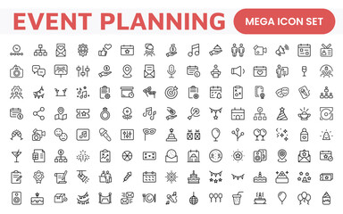 Event Planning Icon Set. Stylish and functional icons for organizers, perfect for scheduling, venue management, and event promotion, ideal for apps, websites, and marketing materials.