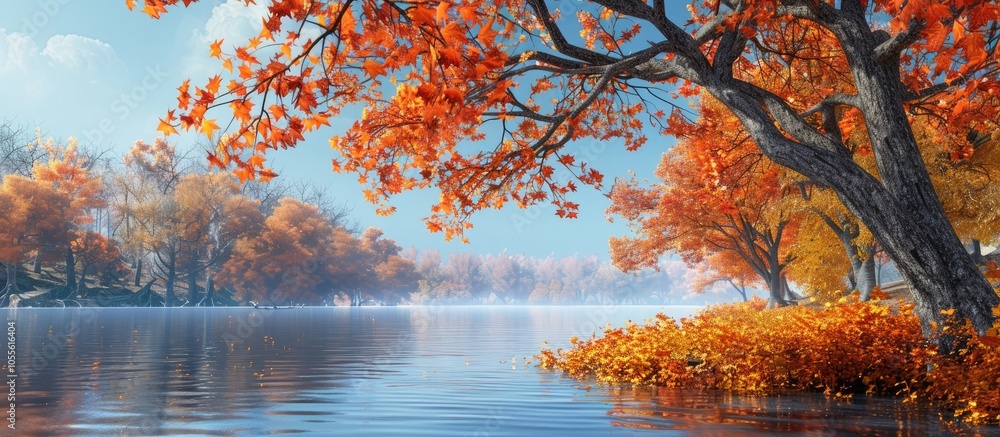 Poster fall foliage with a big river in the background offering copy space image