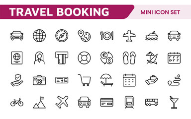 Travel Booking Icon Set. Stylish and user-friendly icons for enhancing travel apps, websites, and services, perfect for streamlining flight searches, hotel bookings, and adventure planning.
