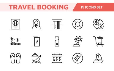 Travel Booking Icon Set. Stylish and user-friendly icons for enhancing travel apps, websites, and services, perfect for streamlining flight searches, hotel bookings, and adventure planning.