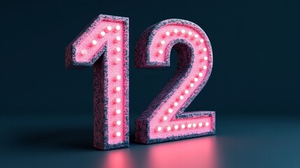 Number Twelve, Pink Neon Sign on Dark Blue Background, 3D Render, Illuminated, Glowing