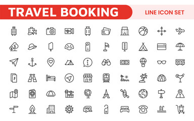 Travel Booking Icon Set. Stylish and user-friendly icons for enhancing travel apps, websites, and services, perfect for streamlining flight searches, hotel bookings, and adventure planning.