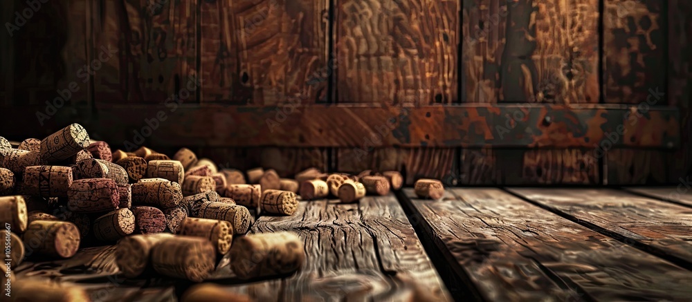 Poster wooden background adorned with wine corks creating a rustic display suitable for a copy space image