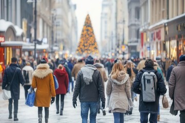 Obraz premium A bustling city street is filled with joyful pedestrians walking amidst snow dusted buildings. Twinkling holiday lights and a towering Christmas tree create a vibrant atmosphere of celebration during 