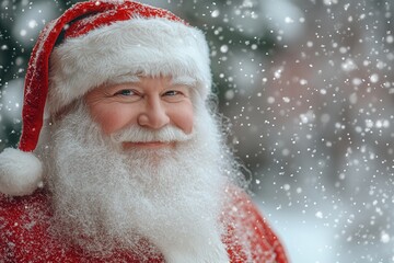 A joyful Santa Claus smiles warmly, dressed in his classic red suit and hat. The serene snowy forest serves as a picturesque backdrop, with glistening trees and soft winter sunlight creating a festive