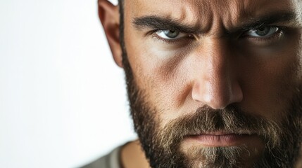 Obraz premium Man with close-cropped beard and serious expression, appearing focused and determined, isolated on white